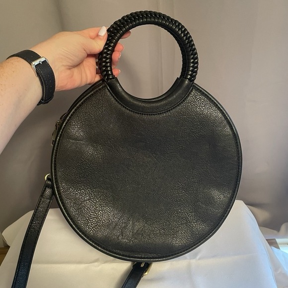 Anthropologie Black Woven Circle Top Handle Bag Handbag Purse Crossbody Strap - Picture 4 of 13